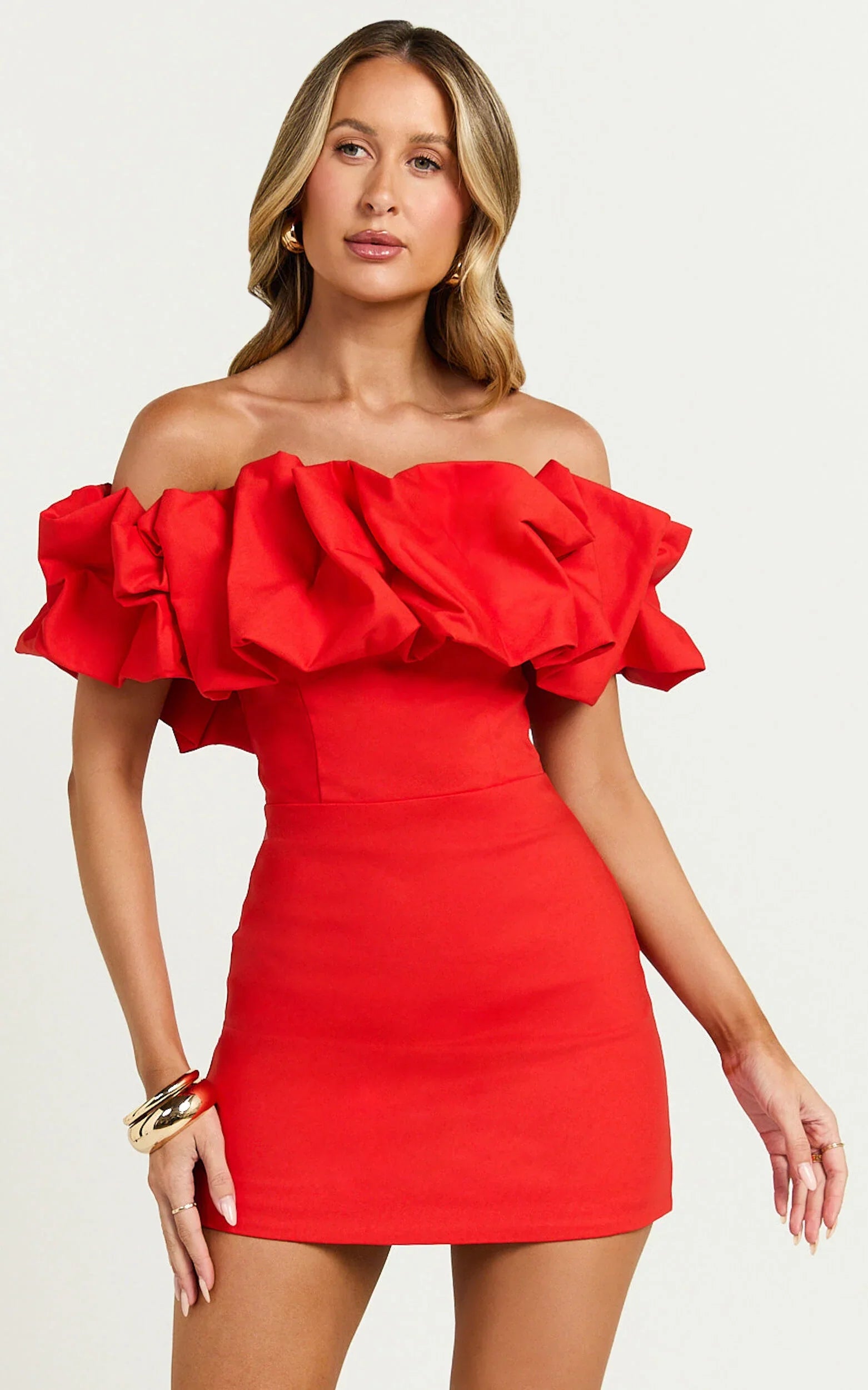Coraline Mini Dress - Ruffle Off Shoulder Fitted Dress in Red